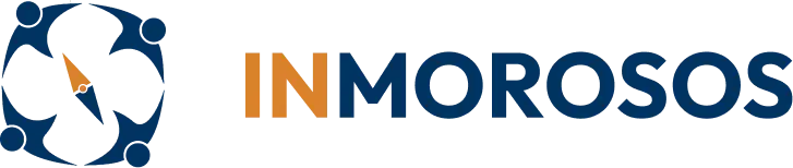 Logo de INMOROSOS, plataforma de gesti&oacute;n y consulta de deudores, con dise&ntilde;o en azul y naranja que muestra una br&uacute;jula estilizada con figuras humanas alrededor